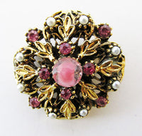 Vintage Dainty Retro Rhinestone and Pearl Floral Pin - Thumbnail
