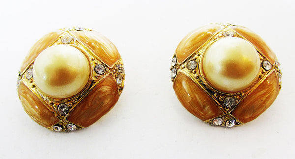 Bold 1960s Vintage Mid-Century Pearl, Diamante, and Enamel Earrings - Front