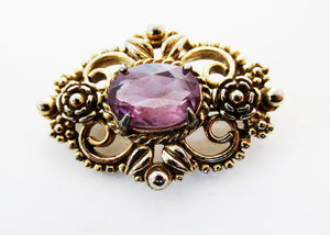 1950s Vintage Mid-Century Art Nouveau Style Amethyst Diamante Pin - Front