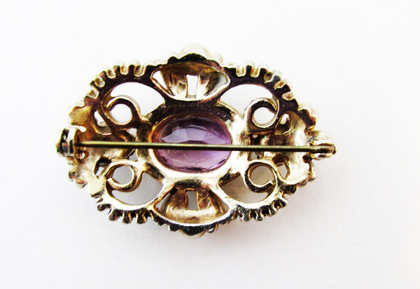 1950s Vintage Mid-Century Art Nouveau Style Amethyst Diamante Pin - Back
