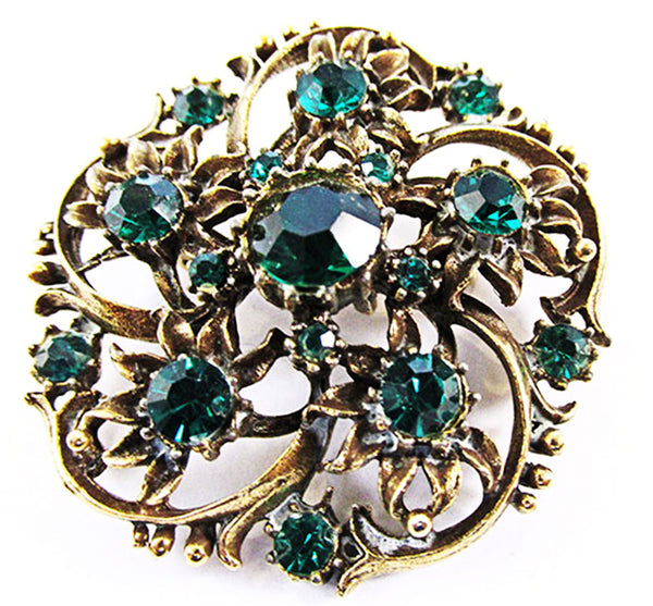 Coro 1950s Vintage Jewelry Eye-Catching Emerald Diamante Floral Pin - Front