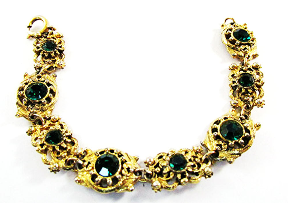 Vintage Costume Jewelry 1950s Emerald Diamante Filigree Bracelet - Front