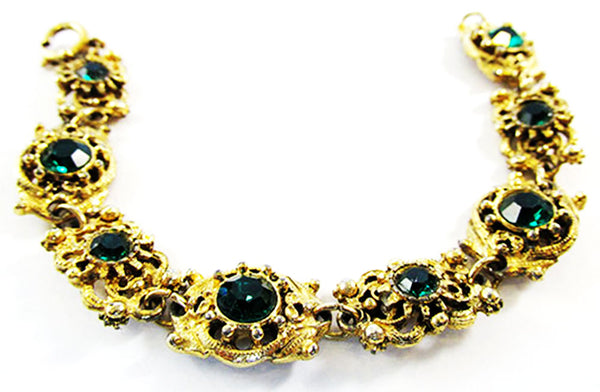 Vintage Costume Jewelry 1950s Emerald Diamante Filigree Bracelet - Close Up