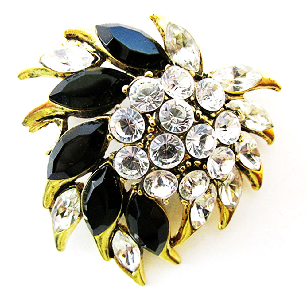 Vintage 1960s Jewelry Bold Clear and Onyx Diamante Floral Pin - Front