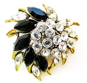 Vintage 1960s Jewelry Bold Clear and Onyx Diamante Floral Pin - Front