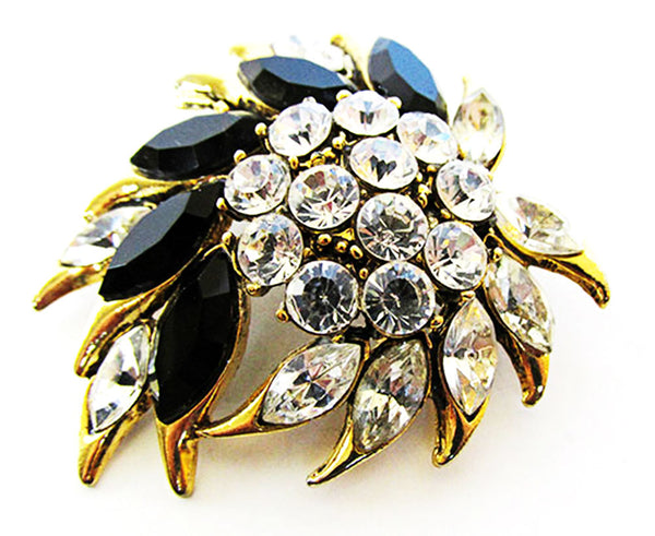 Vintage 1960s Jewelry Bold Clear and Onyx Diamante Floral Pin - Front