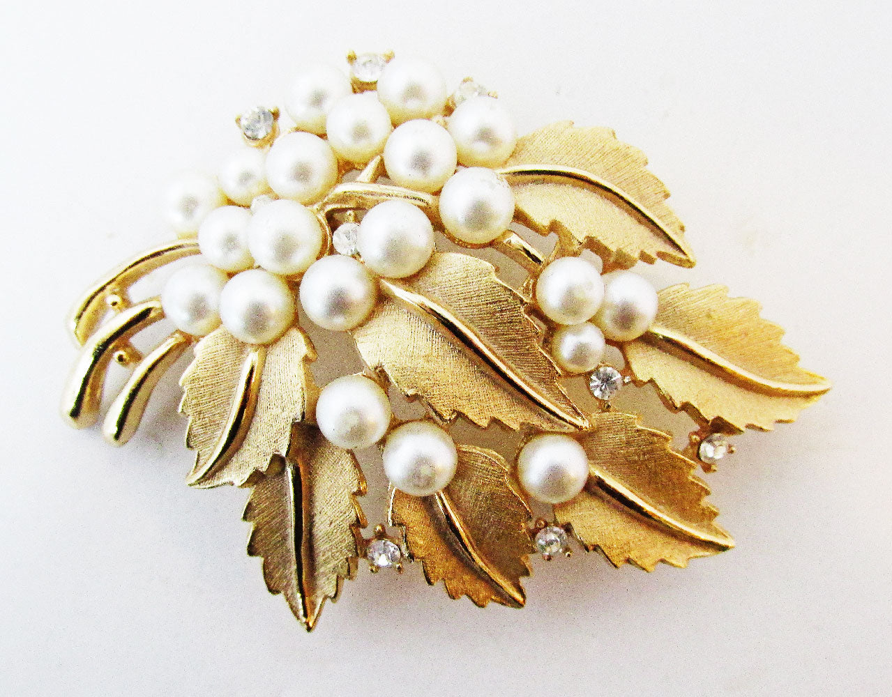 Signed Crown Trifari Designer 1950s Diamante and Pearl Floral Pin - Front
