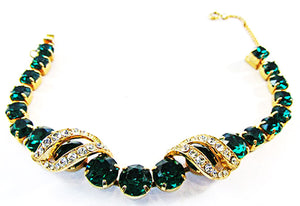 Eisenberg 1940s Vintage Jewelry Emerald Diamante Glamour Bracelet - Front