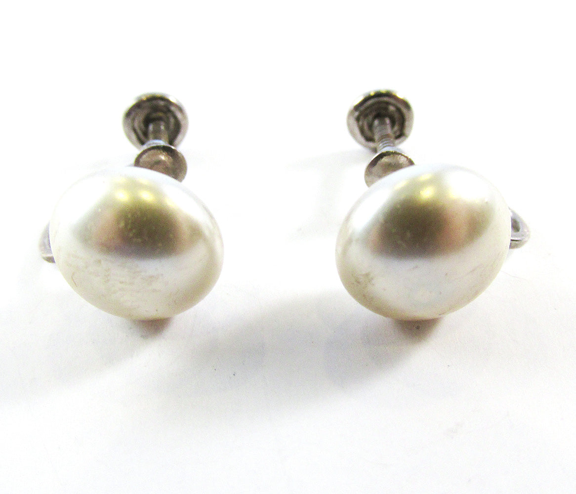 Signed Marvella Vintage 1940s Dainty Pearl and Sterling Earrings - Front