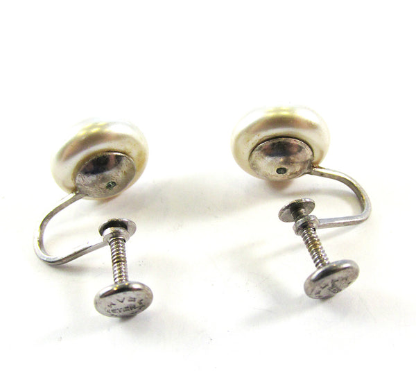 Signed Marvella Vintage 1940s Dainty Pearl and Sterling Earrings - Back