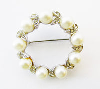 Lovely 1960s Mid-Century Sparkling Diamante and Pearl Circle Pin - Front - Thumbnail
