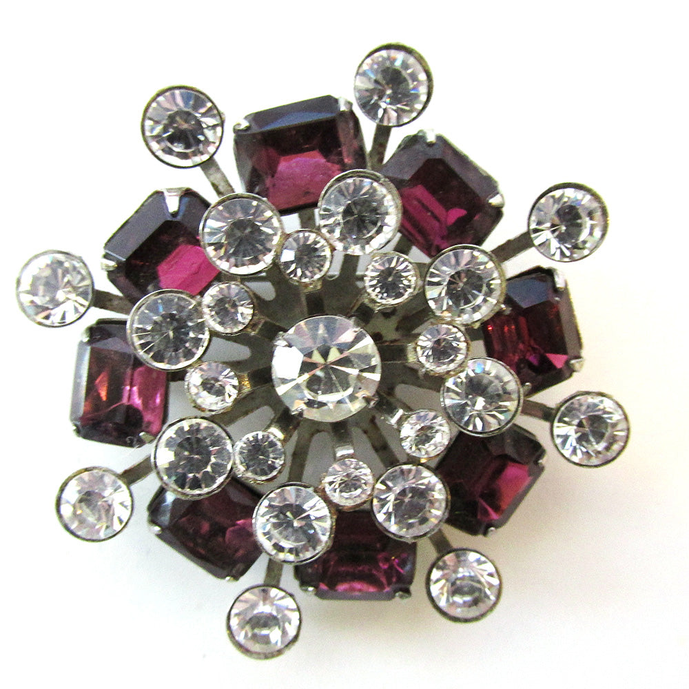Vintage 1950s Mid-Century Dazzling Purple and Clear Circular Pin