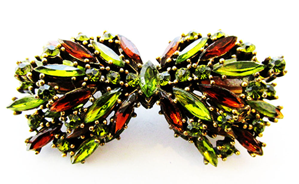 Vintage 1960s Stunning Two-Tier Peridot and Topaz Diamante Bow Pin - Front