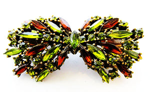 Vintage 1960s Stunning Two-Tier Peridot and Topaz Diamante Bow Pin - Front