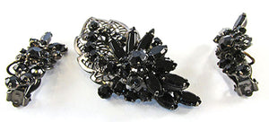 Vintage Jewelry 1950 Mid-Century Onyx Diamante Floral Pin and Earrings - Front