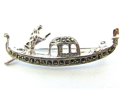 Antique/Vintage 1920s Sterling Marcasite Figural Gondola Pin - Front