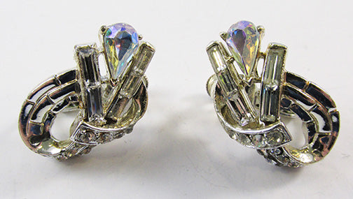 Coro Vintage 1960s Unique Retro Floral Rhinestone Button Earrings