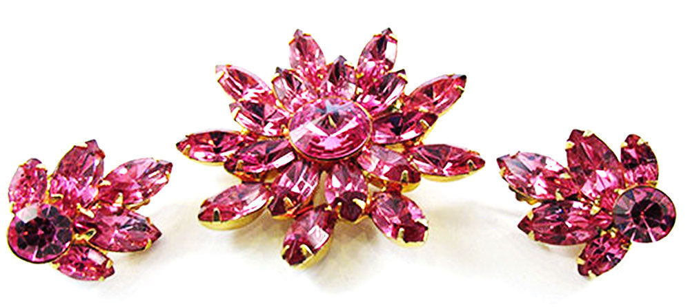 Vintage 1950s Jewelry Mid-Century Pink Diamante Pin and Earrings - Front