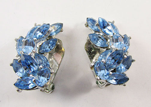 Vintage Sparkling 1950s Mid Century Sapphire Blue Leaf Earrings