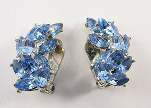 Vintage Sparkling 1950s Mid Century Sapphire Blue Leaf Earrings