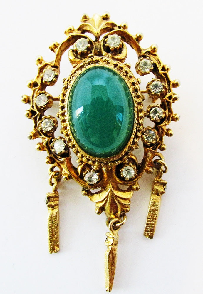 Vintage 1950s Mid-Century Opulent Sparkling Diamante and Jade Pin - Front