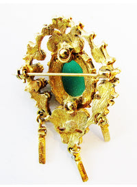 Vintage 1950s Mid-Century Opulent Sparkling Diamante and Jade Pin - Back - Thumbnail