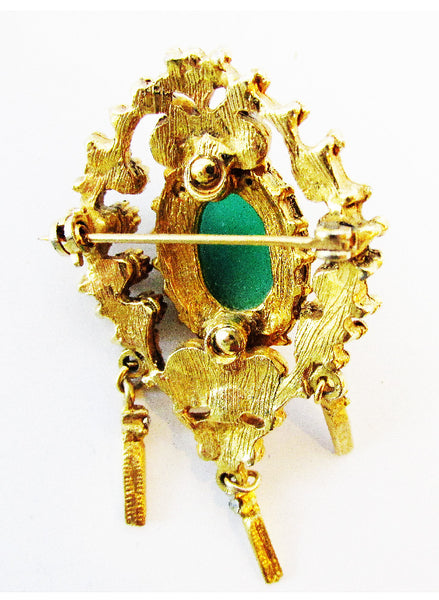 Vintage 1950s Mid-Century Opulent Sparkling Diamante and Jade Pin - Back