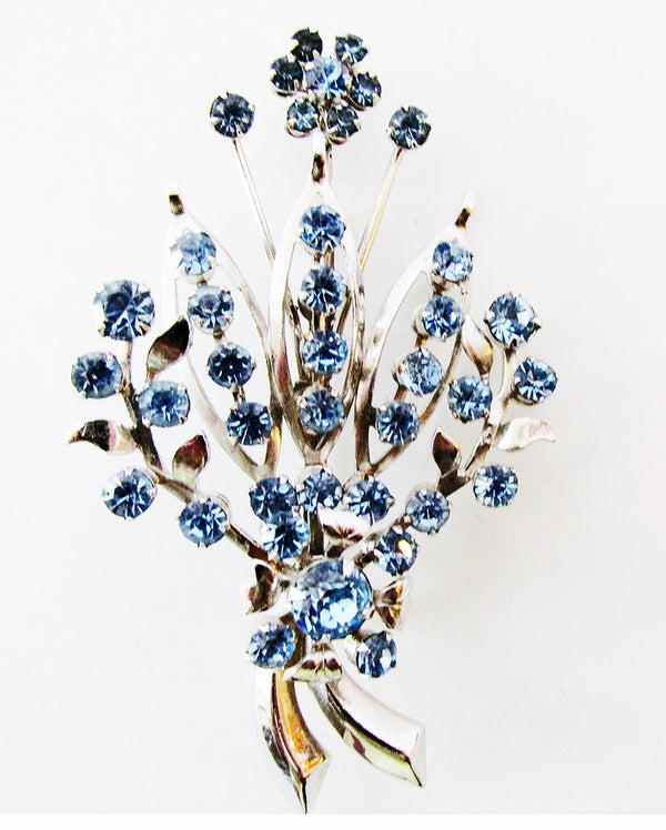 Vintage 1950s Mid-Century Sapphire Diamante Floral Bouquet Pin - Front