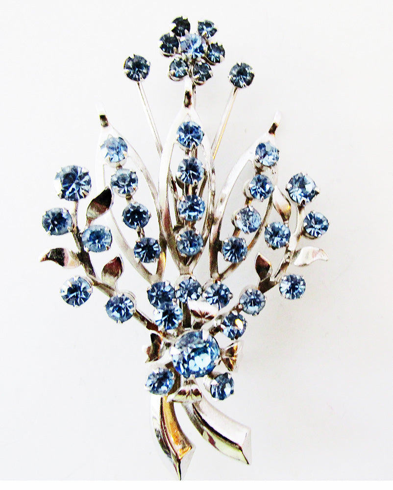 Vintage 1950s Mid-Century Sapphire Diamante Floral Bouquet Pin - Front