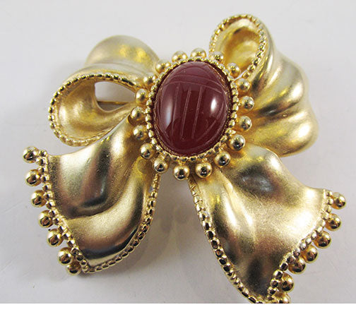 P.E.P. Vintage Retro 1960s Carnelian Scarab Ribbon Bow Pin