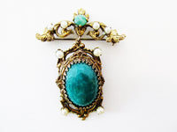 Vintage 1950s Gorgeous Mid-Century Cabochon and Pearl Drop Pin - Front - Thumbnail
