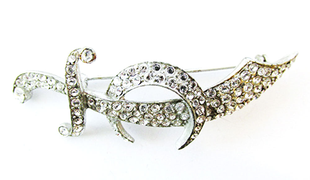 Distinctive1930s Vintage Clear Diamante Scimitar Sword Pin - Front