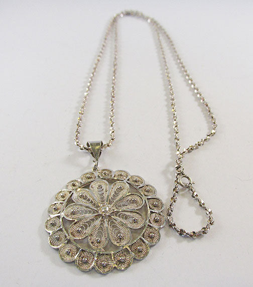 Vintage 1930s Flawless Sterling Silver Floral Filigree Pendant