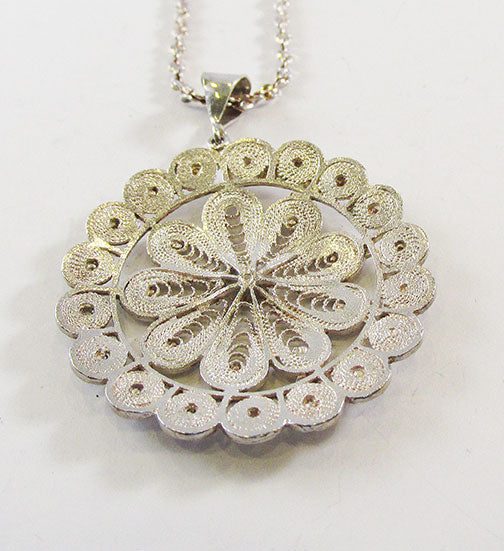 Vintage 1930s Flawless Sterling Silver Floral Filigree Pendant