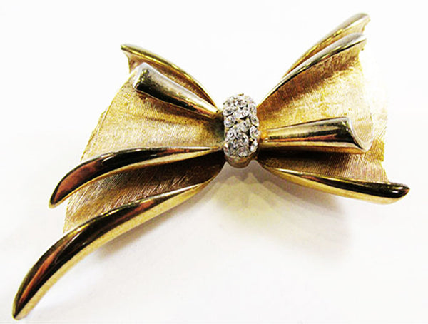 BSK Vintage 1950s Clear Rhinestone and Gold Ribbon Bow Pin - Front