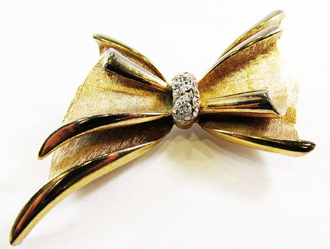 BSK Vintage 1950s Charming Mid-Century Diamante Ribbon Bow Pin - Front
