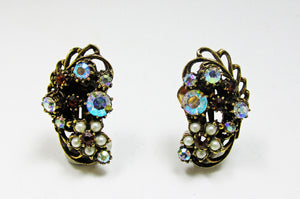Signed Florenza Mid-Century Designer Diamante and Pearl Earrings - Front