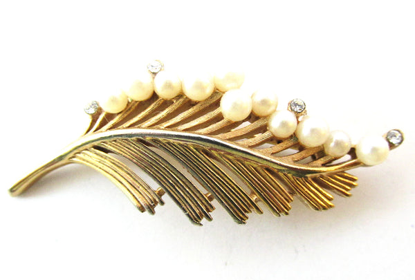 Vintage 1960s Crown Trifari Designer Diamante and Pearl Leaf Pin - Front