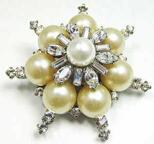 Exquisite Vintage Mid-Century Two Tier Diamante and Pearl Floral Pin - Front