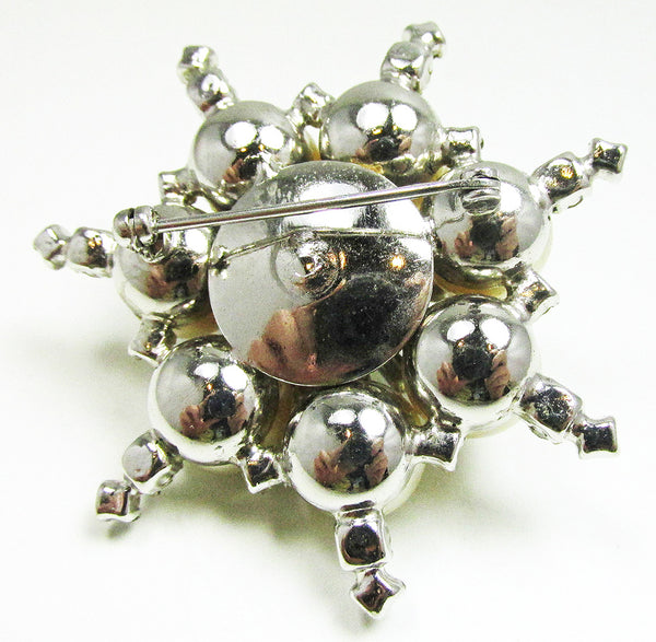 Exquisite Vintage Mid-Century Two Tier Diamante and Pearl Floral Pin - Back