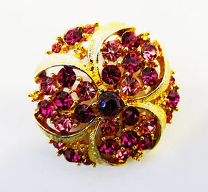 Dazzling Vintage 1950s Pink and Fuchsia Diamante Floral Pin - Front