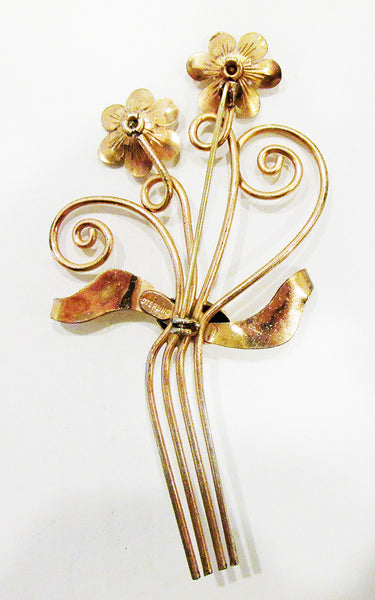 Vintage 1940s Desirable Mid-Century Diamante and Vermeil Floral Pin - Back
