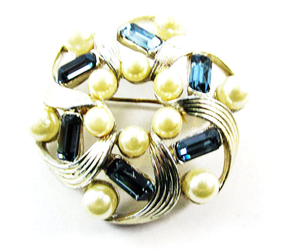 Lisner 1950s Vintage Jewelry Eye-Catching Diamante and Pearl Swirl Pin - Front