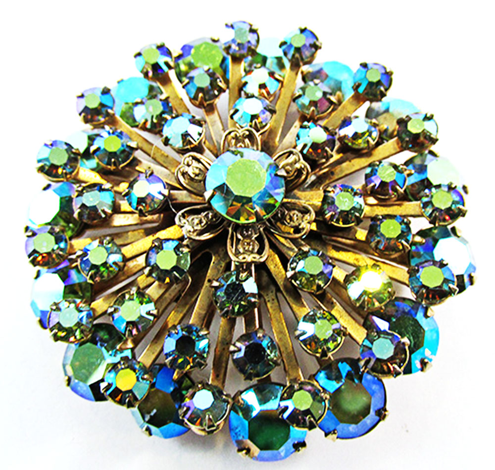 1950s Vintage Jewelry Dazzling Diamante Aurora Borealis Starburst Pin - Front