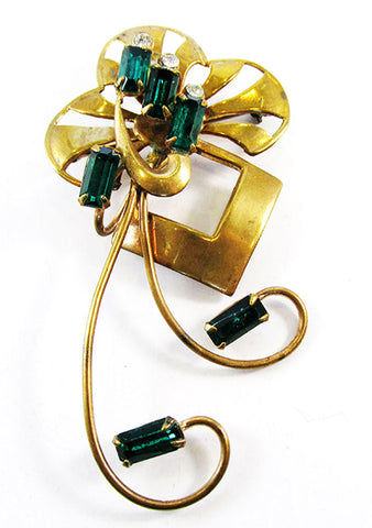 Vintage 1940s Jewelry Avant-Garde Emerald Diamante Pin/Pendant - Front