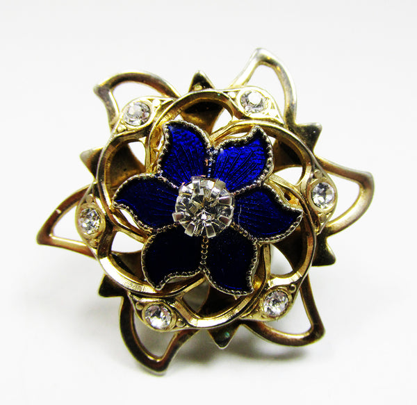 Vintage 1950s Mid-Century Eye-Catching Diamante and Enamel Floral Pin - Front