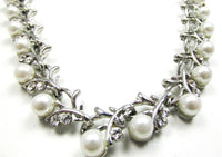 Vintage Jewelry Mid-Century Diamante and Pearl Floral Necklace - Close Up - Thumbnail