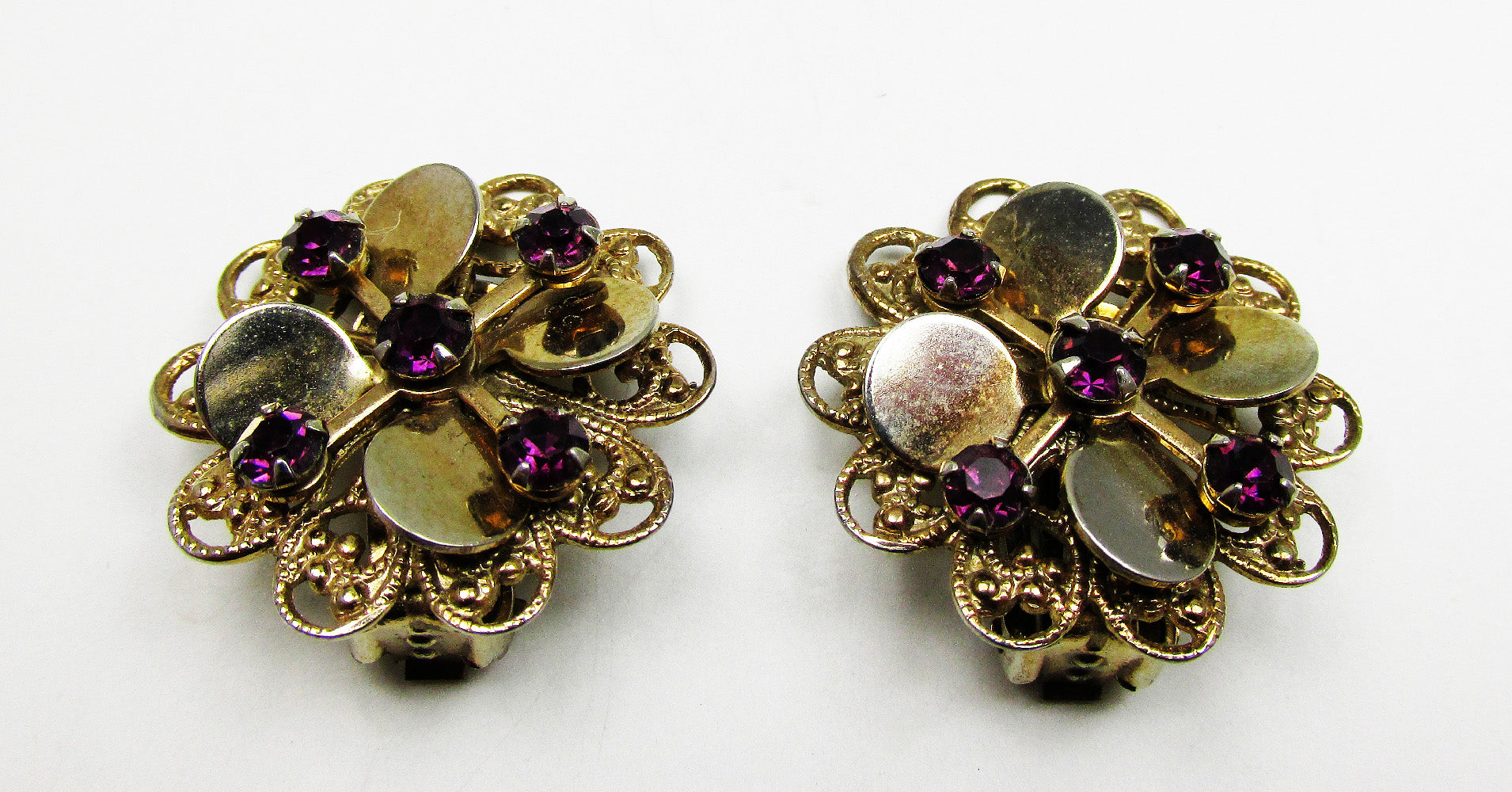 Timeless 1950s Vintage Amethyst Diamante Sparkling Floral Earrings - Front