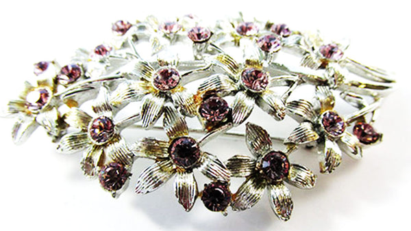 Coro 1950s Vintage Jewelry Pretty Purple Diamante Floral Bouquet Pin - Front