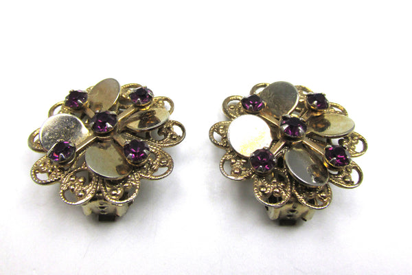 Timeless 1950s Vintage Amethyst Diamante Sparkling Floral Earrings - Front